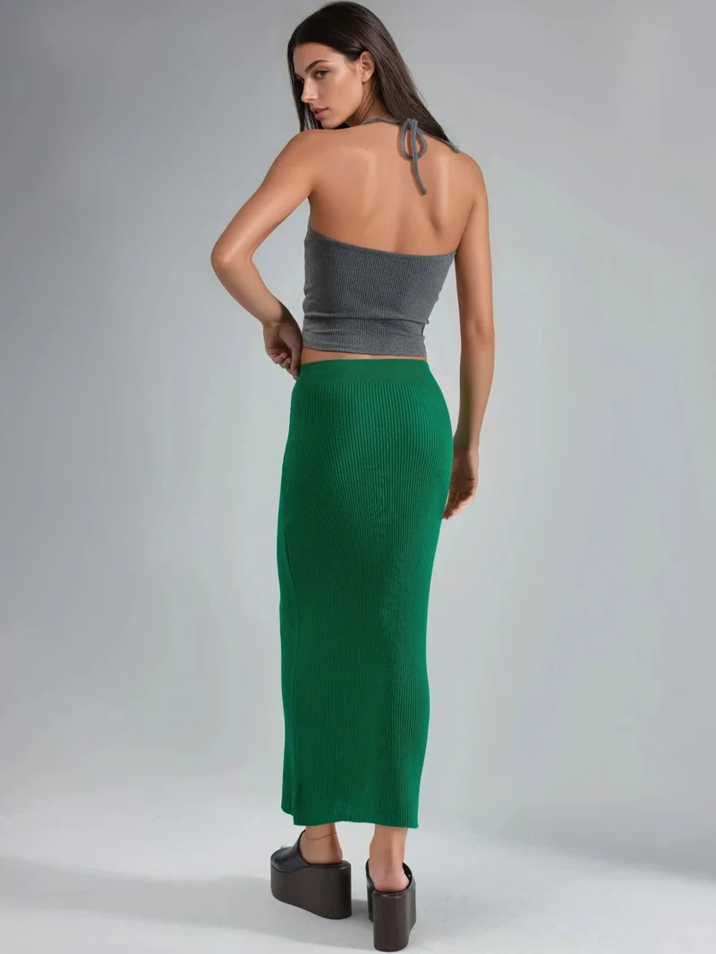 MY FASHION Green MY FASHION High Waist Ribbed Knit Maxi Skirt for Women | Best Price UAE